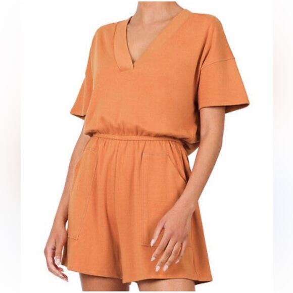 New Zenana Cotton Sleeveless V Neck Romper with Pockets Dusty Orange Size 3X - Picture 1 of 7